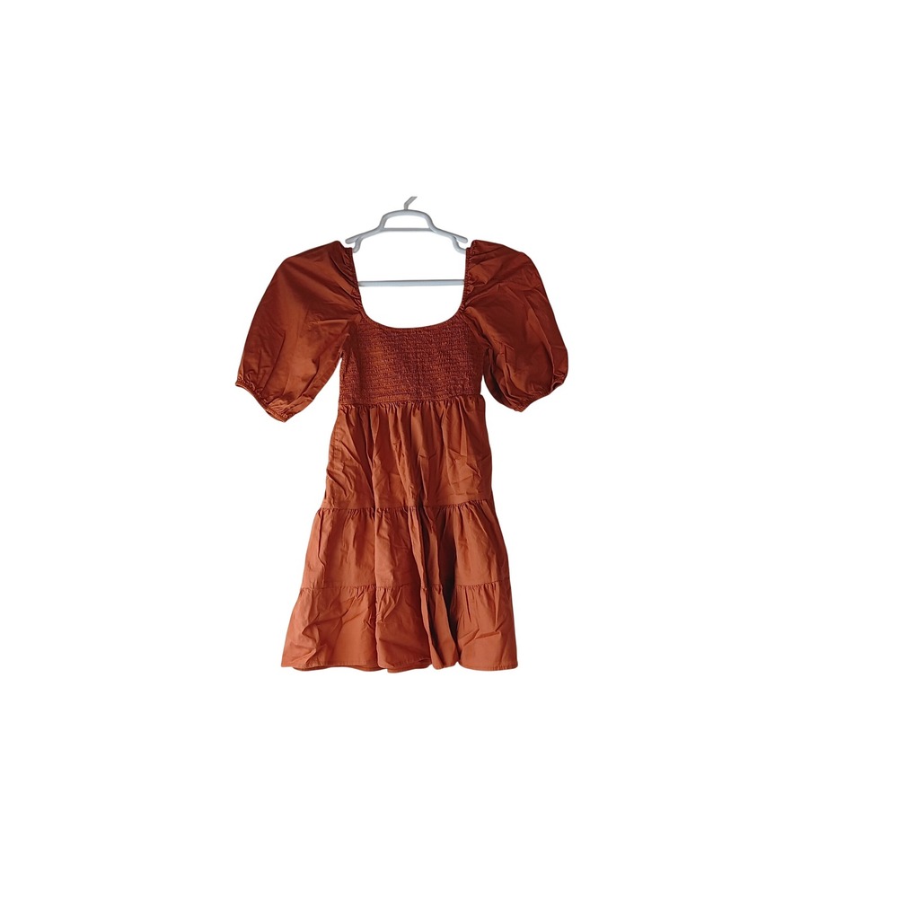 Altar'd State Women's  Rust Brown Smocked Puff Sleeve Tiered Mini Dress Small